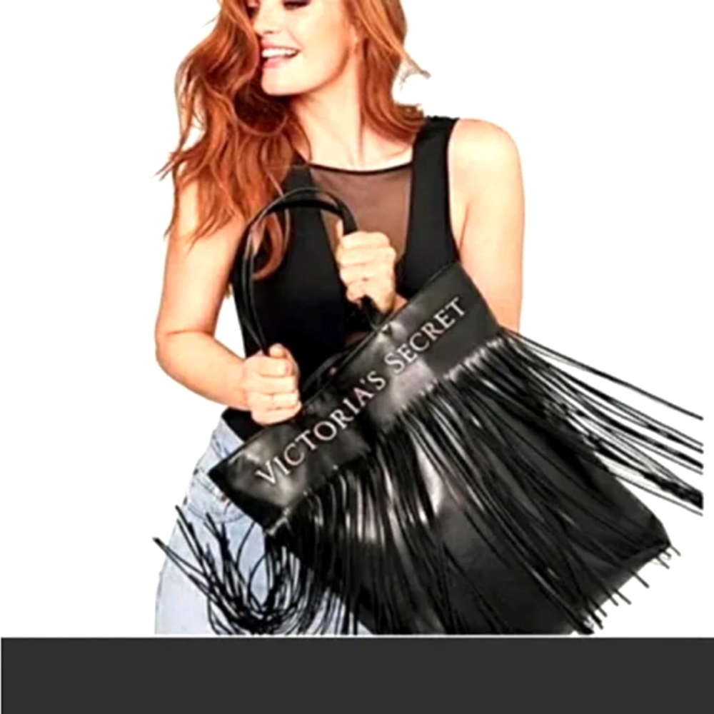 NWT Victoria's Secret Black Faux Leather Flirty Fringe